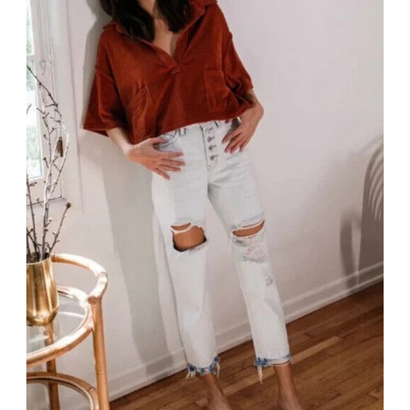 VERVET Emma Mom Relaxed Exposed Button Fly Destroyed Light Jeans Size 24 - Picture 1 of 9